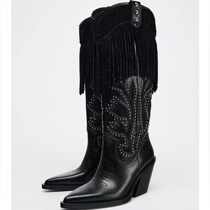 Zara FRINGED STUDDED COWBOY BOOTS